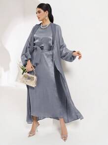 Al Najma Women's Contrast Color Metallic Lantern Sleeve Arab Abaya, Modest Robe,Only Abaya,Not Sets