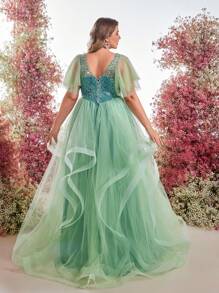 Glamrae 大码优雅浪漫甜心领亮片和网眼拼布高低舞会礼服晚礼服、派对礼服、婚礼宾客礼服、正式礼服 - 薄荷綠 - 查看 3