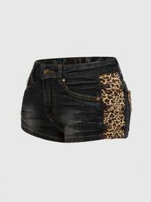 ROMWE J-Fashion Y2K Harajuku Gyaru Y2K Dantela Patchwork cu talie joasa incrucisata Retro Skinny cu talie super joasa femei pantaloni scurți din denim