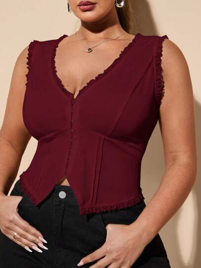 SHEIN BAE Plus Size Women's Spring/Summer White Lace Patchwork Sleeveless Top, Suitable For Valentine's Day, Date, Graduation Season, Commute, Sexy Girl