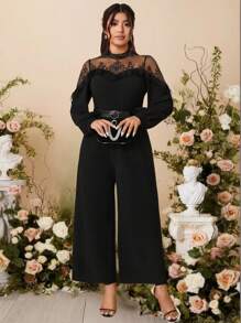 SHEIN Belle Plus Size Stand Collar Lace & Mesh Panel Lantern Sleeve Loose Straight Leg Jumpsuit, Casual & Elegant For Outing & Party