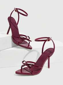 CUCCOO SZL Sandalias de tacón alto con puntera puntiaguda, hebilla con cristales, tira cruzada, glamourosas y elegantes, patentado color albaricoque, para mujer, ideales para fiestas, discotecas y festivales de música