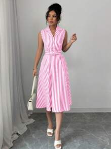 Elenzga Vestido midi sin mangas de rayas para mujer, para el verano