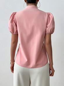 RosyDaze Women's Elegant Solid Color Lace Patchwork Puff Sleeve Stand Collar Open Front Shirt - Pink - View 2