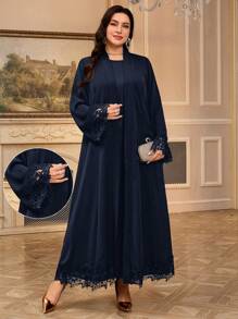 Al Najma 大码女式简约时尚阿拉伯长袍，适合夏季，朴素长袍 - 藏蓝色 - 查看 1