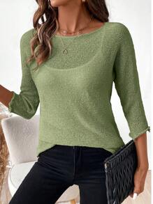 SHEIN LUNE Women Solid Color Round Neck 3/4 Sleeve Casual Loose Sweater Knit Pullover Fall Winter - Army Green - View 3