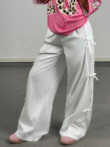 SHEIN Tween Girls Spring/Summer 1pc New White Bowknot Lace-Up  Quick-Drying Straight-Leg Pants - White - View 5