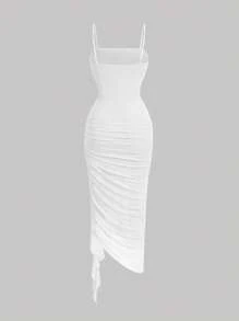 SHEIN MOD 女士纯色褶饰不对称下摆吊带连衣裙 - 白色 - 查看 2