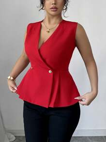 Elenzga Plus Size Women's Elegant Loose Casual Holiday & Commute Solid Color Open V-Neck Crossed Double Metal Button Pleated A-Line Sleeveless Blouse, Spring/Summer