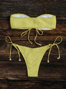 SHEIN Swim Solid Color Textured Bikini Swimsuit Set, Suitable For Beach Vacation For Summer - Lime Green - View 4
