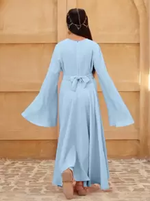 SHEIN 青少年女孩长袖开衩下摆纯色连衣裙，时尚，适合派对、聚会、节日、春夏季 - 淺藍色 - 查看 2