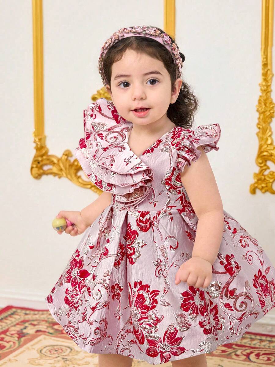 SHEIN Red Textured Fabric Cute Babygirl Summer Dress - Red - View 1