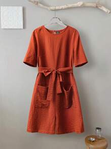 SHEIN LUNE Tied Waist Loose Casual Vacation Jumpsuit, Simple & Fashionable, Suitable For Summer - Khaki - View 1