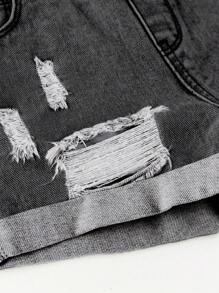 SHEIN Young Girl' Casual Versatile Wide Leg Loose Ripped Cuffed Denim Shorts - Black - View 5