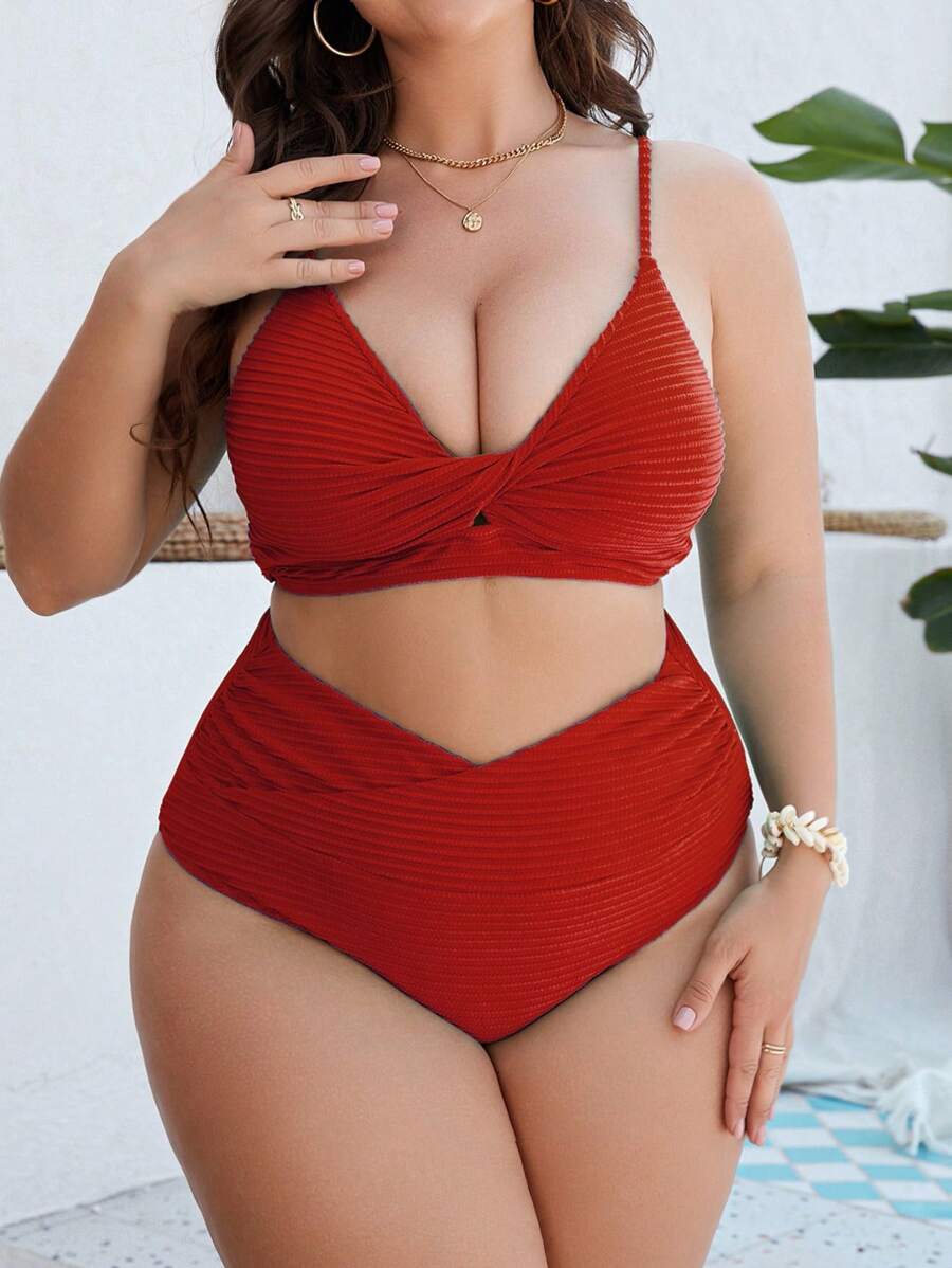 Swim Lushoire 大码女式 2 件纯色吊带背心分体泳衣套装,简约时尚休闲海滩度假泳装 - 紅色 - 查看 1