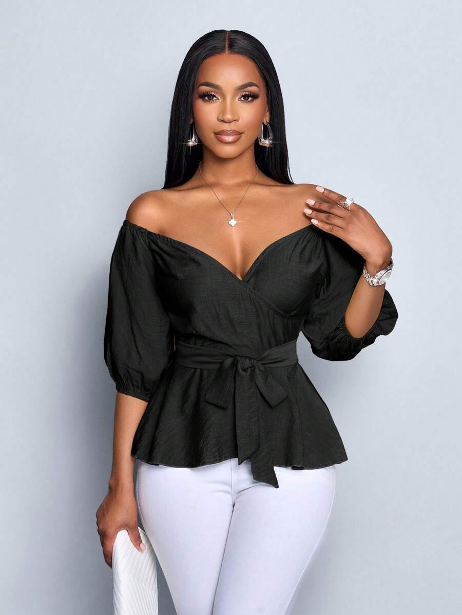 SOLERSUN 露肩优雅性感休闲办公室商务波西米亚花卉印花衬衫秋季上衣秋冬感恩节返校教师 - 黑色 - 查看 1