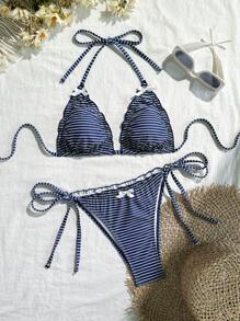 SHEIN 女士夏季沙滩装：时尚条纹比基尼套装，带蝴蝶结肩带上衣和侧系带设计两件套泳衣 - 寶藍色 - 查看 6