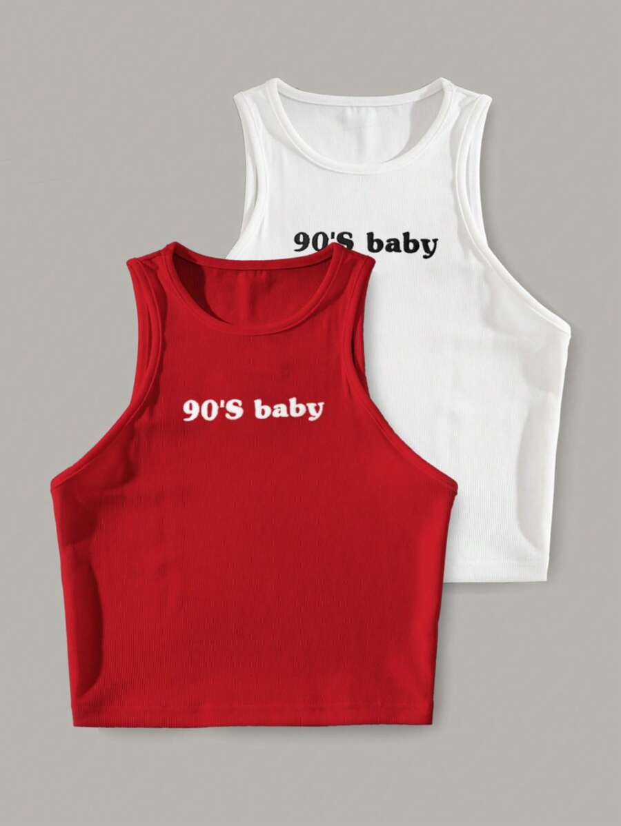 INAWLY Letter Print Slim Fit Round Neck Tank Top Graphic Tees Women Tops - Red and White - View 1