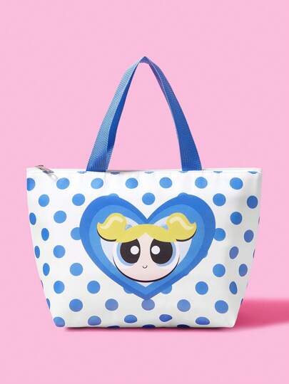 THE POWERPUFF GIRLS X SHEIN Bubbles Pattern Insulated Lunch Bag With Zipper, Portable Thermal Lunch Box For School, Work, Camping & Beach, Washable, Multi-Purpose Organizer