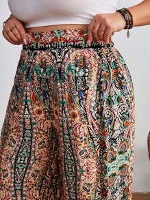 SHEIN CURVE+ Plus Size Bohemian Pants: High-Waisted Wide Leg Paisley Floral Printed Pants,Flowy Pants Boho Vacation