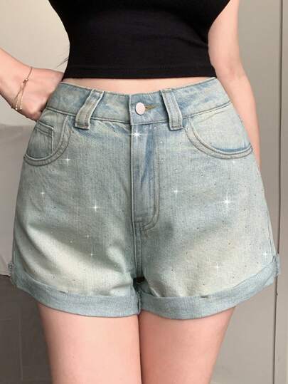 DAZY 女士夏季做旧破洞口袋设计铆钉下摆休闲牛仔短裤亮片