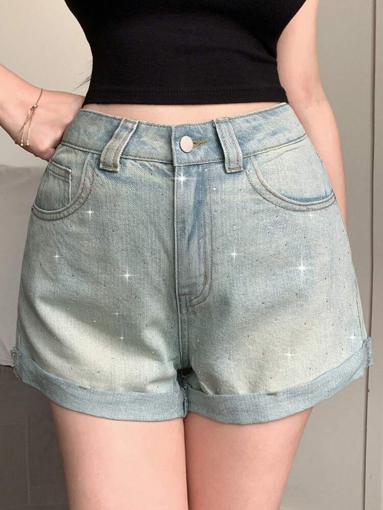Women's Summer Distressed Ripped Pocket Design Studded Hem Casual Denim Shorts Sequin Jorts