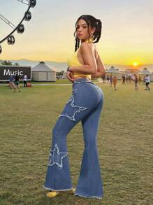 SHEIN PETITE Quần jeans ống loe co giãn bó sát thường ngày PETITE dành cho nữ, mùa hè dành cho nữ, quần jeans cạp trễ, phong cách cowgirl dành cho nữ, quần jeans ống loe, phong cách rave, phong cách rave, hòa nhạc đồng quê, phong cách Y2K dành cho nữ, Gyaru - Rửa trung bình - Xem 2