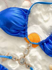 Swim Vcay Women's Summer Beach Solid Metal Accent Tie-Neck Sexy Bikini Swimwear Set - Blue - View 6