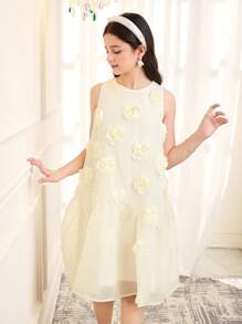 Elegantes ärmelloses Kleid mit 3D-Blumenmuster aus Organza-Patchwork in A-Linie für Tween-Mädchen - Aprikosenfarben - Übersicht 6