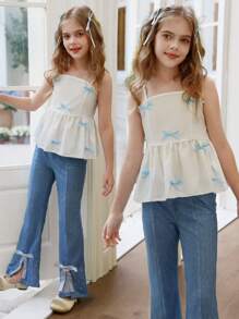 SHEIN Set cămașă și pantaloni evazați din tricot cu imprimeu pentru fete Tween cu bretele spaghete, decor drăguț cu fundă, potrivit pentru ieșiri, petreceri, nunți, îmbrăcăminte albă pentru copii asortate pentru surori - Multicolor - Vizualizare 7