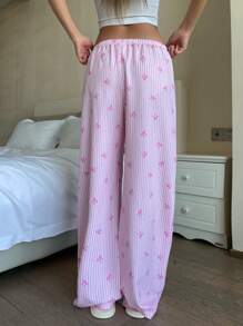 SHEIN Elegant Low Waist Sweet Floral Bow & Stripe Print Long Pants, Comfortable For Casual Wear, Suitable For Spring/Summer, Home - Pink - View 2