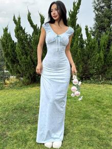 SHEIN EZwear Women's Elegant Ditsy Floral Dress, Summer Women Maxi Dresses Women Summer Dresses,Vacation,Beach Outfits - Baby Blue - View 5