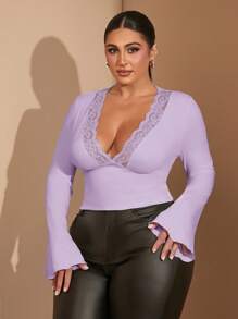 SHEIN BAE Plus Size Women V-Neck Splice Lace Trim Solid Long Sleeve Casual Top, Suitable For Spring/Summer - Mauve Purple - View 4