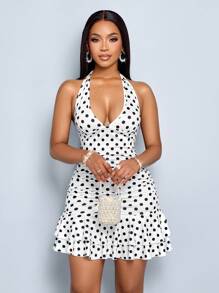 SOLERSUN 女士优雅法式波尔卡圆点无袖 V 领荷叶边下摆露背迷你连衣裙、派对/节日连衣裙、随机花卉图案