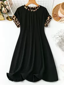 SHEIN LUNE Plus Size Women Leopard Print Patchwork Round Neck Short Sleeve Casual Dress Spring Outfits Women Casual Dress Summer Outfits For Women Easter Vacation Boho Mother Day - Multicolor - View 1