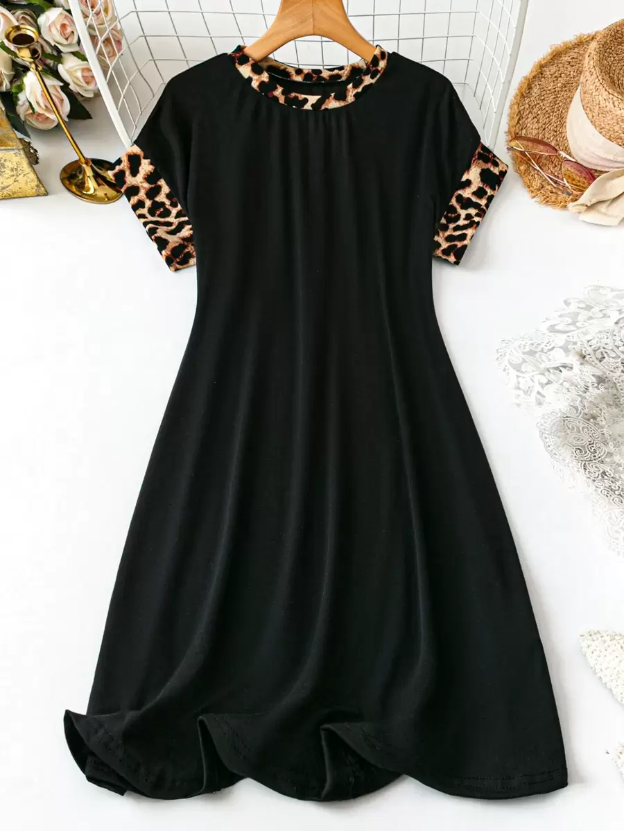 SHEIN LUNE Plus Size Women Leopard Print Patchwork Round Neck Short Sleeve Casual Dress Spring Outfits Women Casual Dress Summer Outfits For Women Easter Vacation Boho Mother Day - Multicolor - View 1