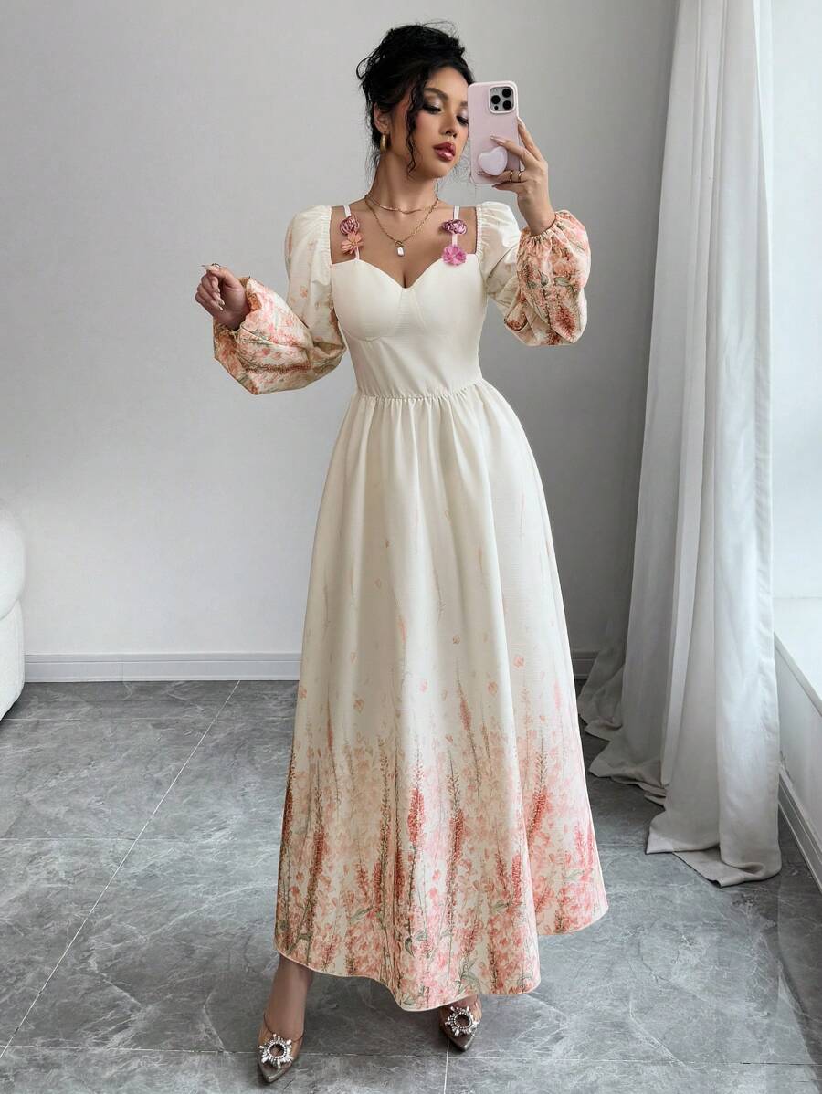Modelyn 女士编织提花杏色长袖收腰碎花连衣裙 - 彩色 - 查看 1
