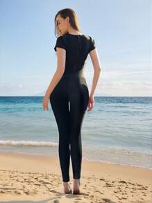 1 pieza Traje de baño de una sola pieza unicolor con drapeado para mujer, adecuado para la playa y vacaciones de verano