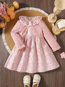 SHEIN 2pcs/Set Young Girl Floral Print Ruffle Trim Cardigan Jacket And Tiered Collar Dress - Pink - View 3
