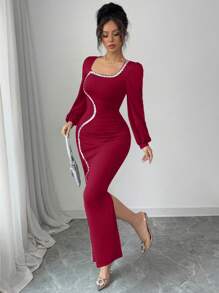 Modelyn Square Neck Sequin Knitted Long Sleeve Women's Dress Fall Cloth For Women - Burgundy - View 6