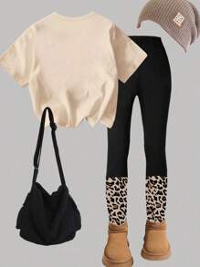 SHEIN Tween Girl Casual Creative Leopard Print Heart Graphic Tee And Legging 2 Pieces Outfit