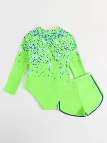 SHEIN 1pc Girls Big Tween Girl One-Piece Swimsuit With Shorts, Color Blocking Design, Pink And Blue Polka Dot Shiny Print, Sweet And Fashionable Minimalist Design, Summer Swimwear