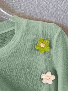 Franclia Stylish Round Neck Short Sleeve T-Shirt, Floral 3D Applique Top - Green - View 4