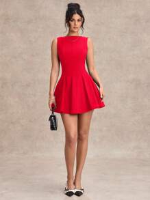 SHEIN BAE 春夏纯黑色性感简约挂脖修身 A 字裙、黑色连衣裙、情人节约会连衣裙、伴娘迷你连衣裙、优雅小黑裙 - 紅色 - 查看 3