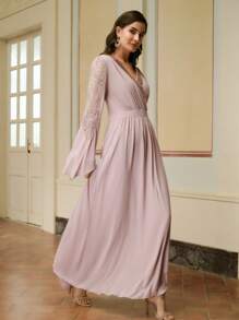 ZEYLAH 亮片蕾丝拼接优雅长裙，简约时尚休闲日常穿着 - 藕粉色 - 查看 5