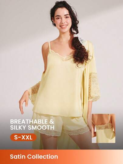 LUVLETTE Yellow Silky Satin Luxurious Lace Elegance Trim V-Neck Camisole Top & Shorts Bridal Loungewear Airy Pajama Set For Women Lounge Sets For Women For Women Lingerie
