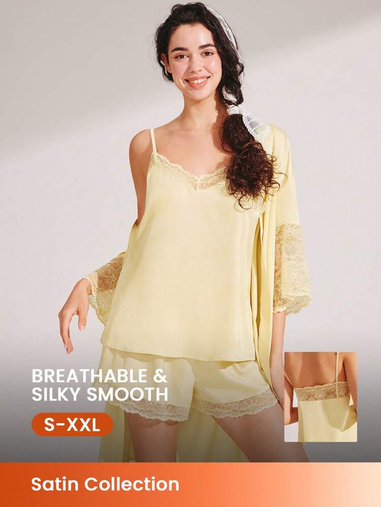Conjunto de Camiseta Regata e Shorts de Seda Amarela Satinada com Renda Elegante, Conjunto de Pijama Arejado para Noivas, Itens de Primavera e Verão para Mulheres Lingerie