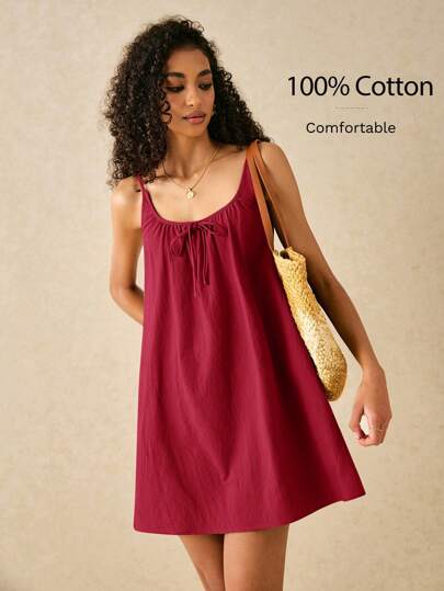 Poéselle 精致纹理粒面面料，细肩带吊带连衣裙，蝴蝶结和前结，夏季度假季节，舒适，波西米亚风，时尚，优雅，休闲