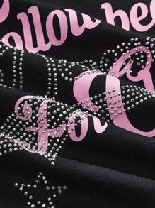 ROMWE Y2K Style Rhinestone Embellished Crop Top With Asymmetric Shoulder, Tight Fit Vintage-Inspired Fuchsia Tee - Pink - View 3