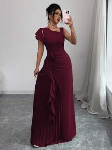 Elenzga 不对称肩部褶皱荷叶边袖 A 字型优雅浪漫花卉印花女式连衣裙 - 酒紅色 - 查看 3